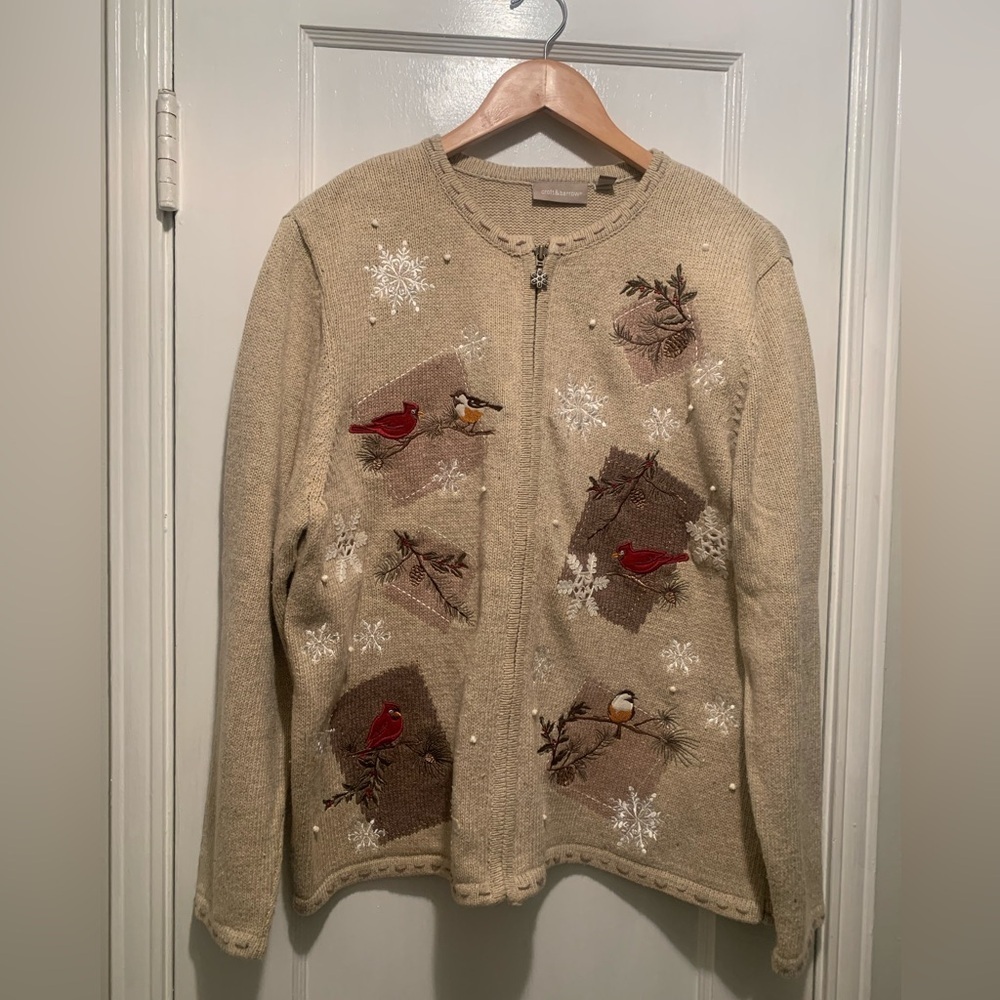 Croft & Barrow Embroidered Cardinal Winter Zip Cardigan Silk Blend Patchwork XL